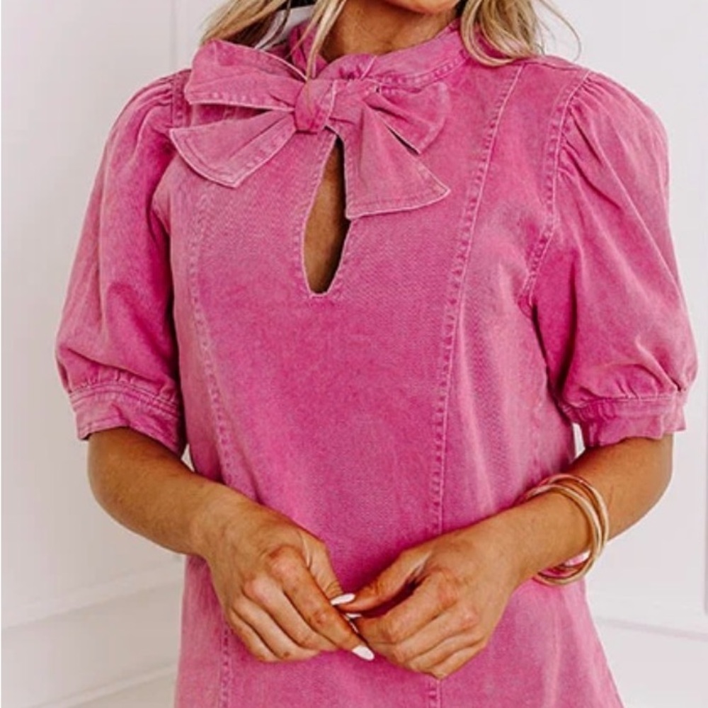Entro Pink Denim Tie-Neck Puff Sleeve Top